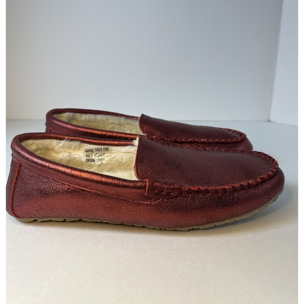 Clarks Leather Moccasin Slippers Faux Fur Lined Men's Size 9‎ Metallic Red